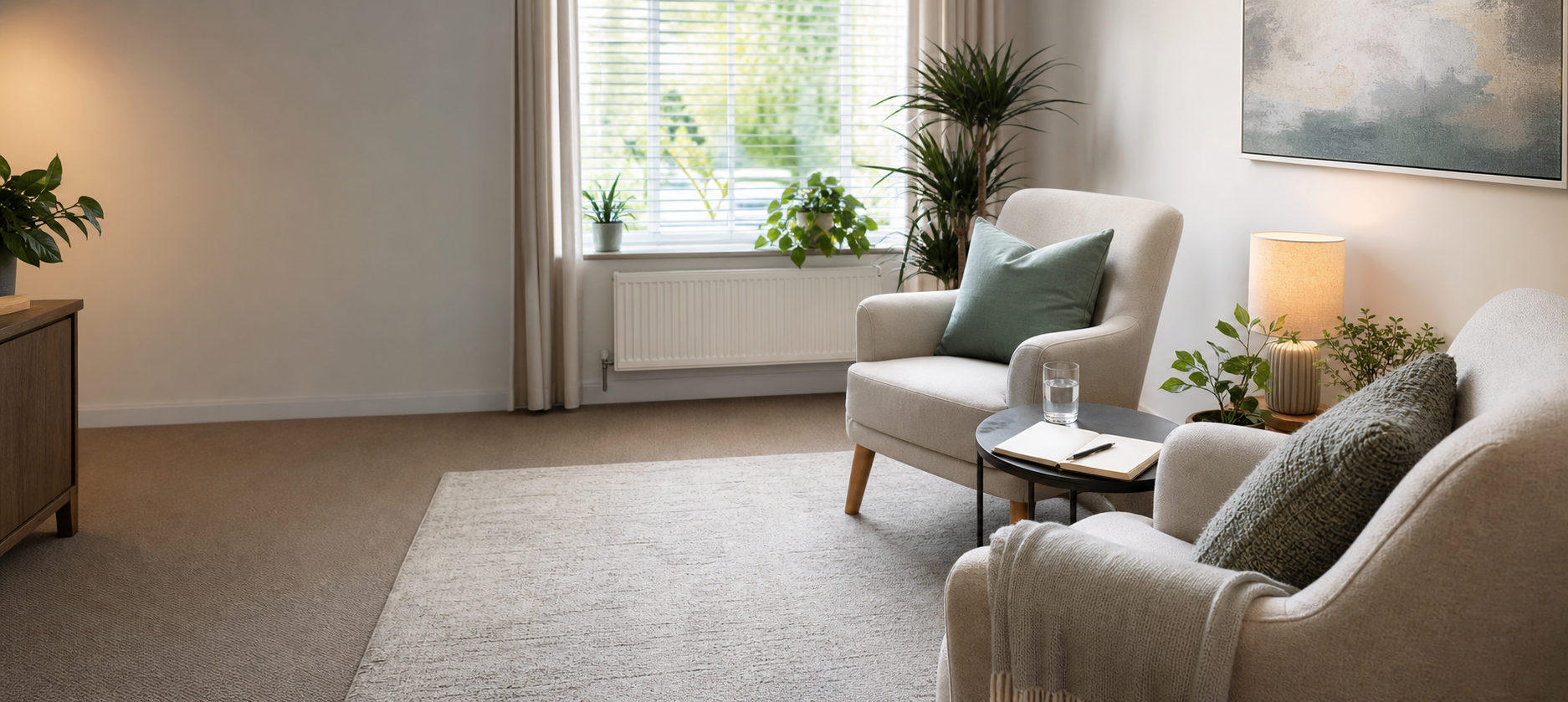 A calm private therapy room with armchairs, plants, and natural light